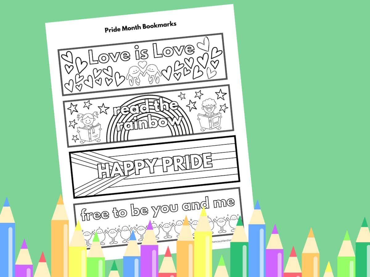print out of pride bookmarks to color with pencil crayon border and green background