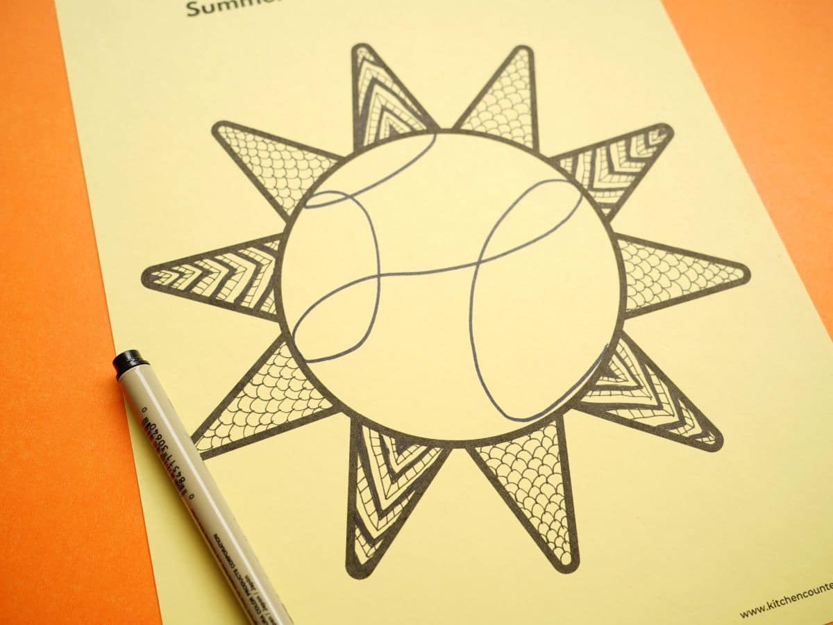 _print out of summer sun zentangle template on yellow paper with zentangle patterns in sun rays