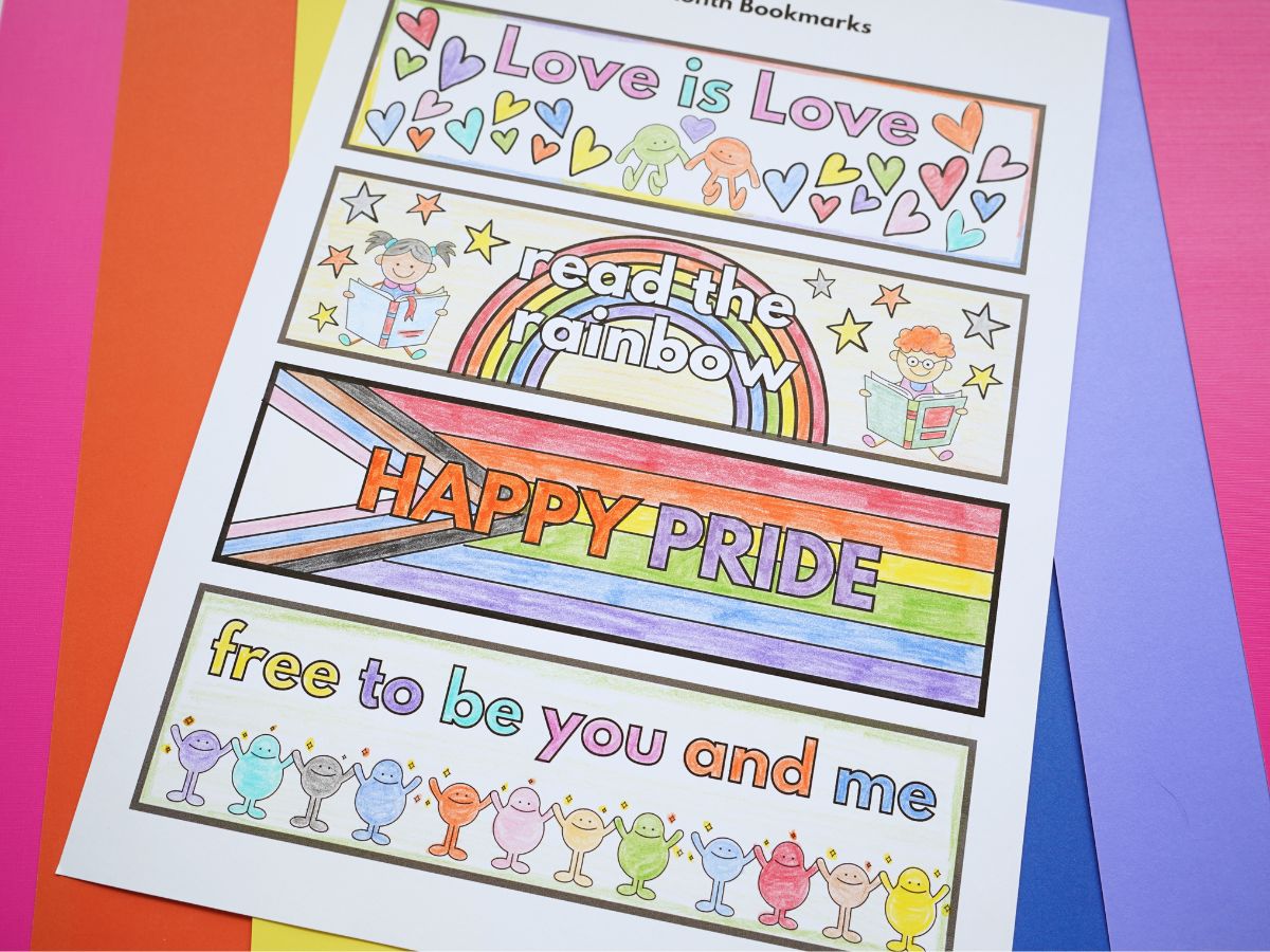 printable Pride month bookmarks colored in with pencil crayons