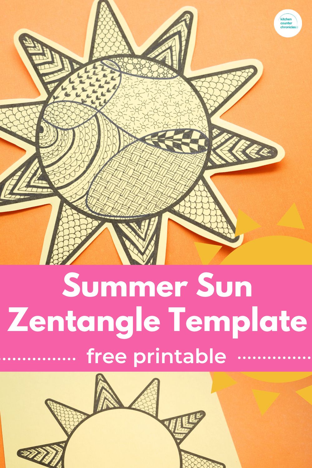 printable Summer Sun Zentangle Template with title summer sun zentangle template - free template on orange background