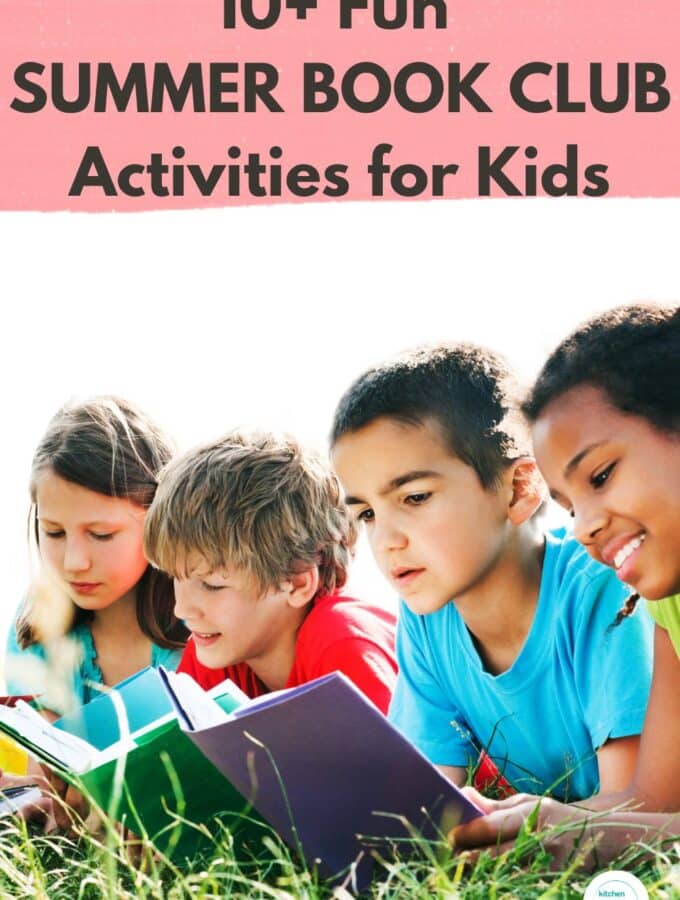 title "Summer Reading Club Activities for Kids" with image of 4 kids reading books in the grass