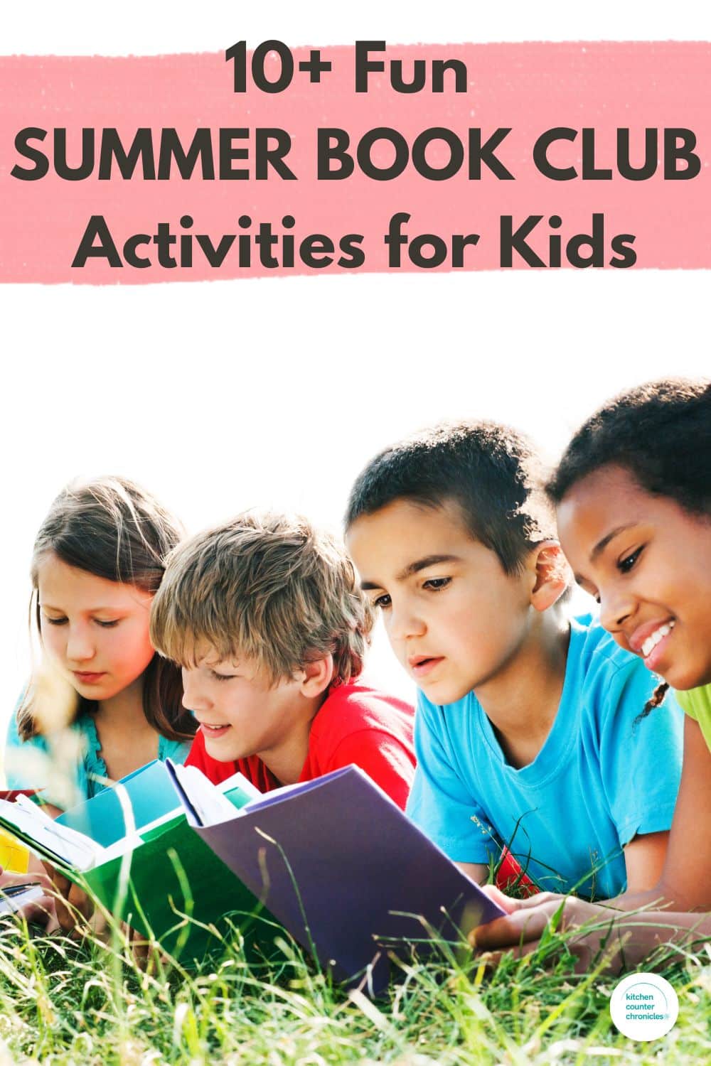 title "Summer Reading Club Activities for Kids" with image of 4 kids reading books in the grass
