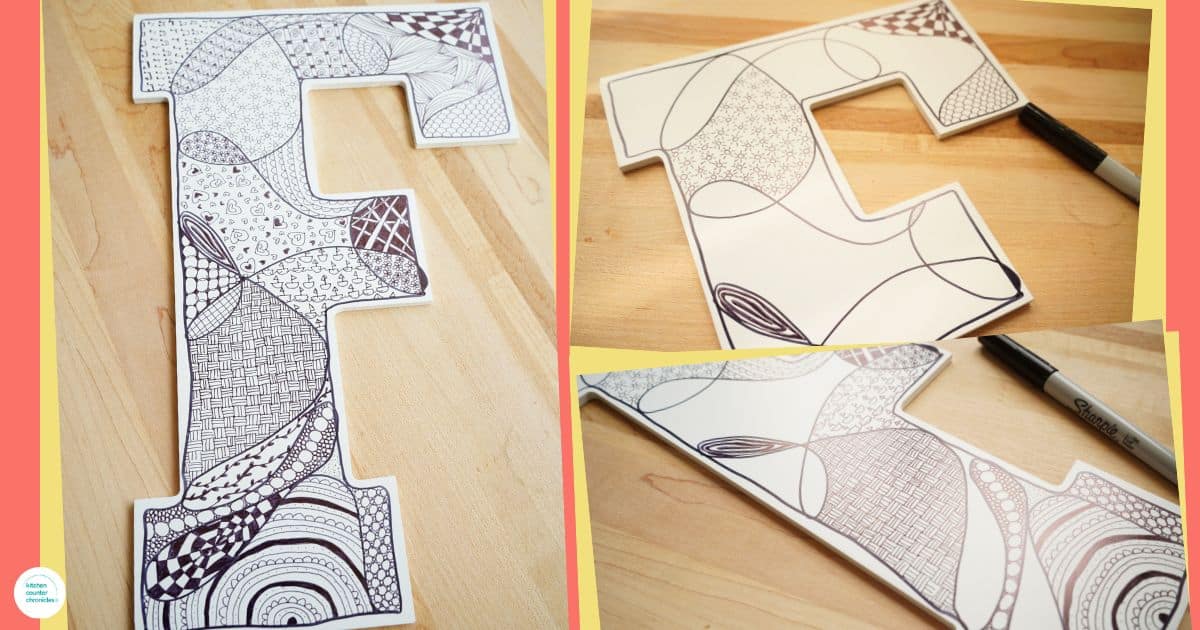 zentangle initial wall art project for tweens and teens 3 images of wooden "f" with zentangle patterns drawn on