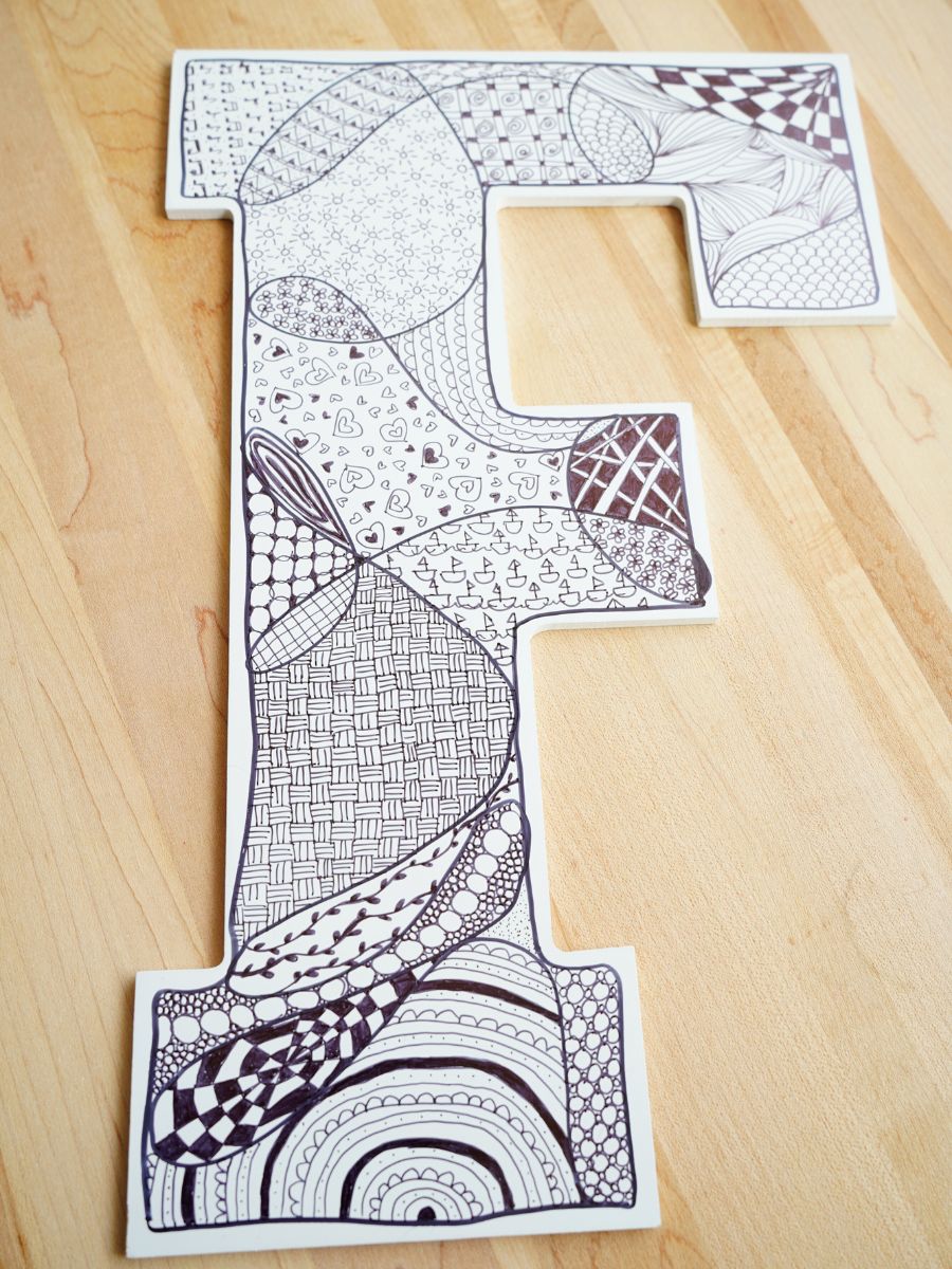zentangle wall art initial art finished on wooden table