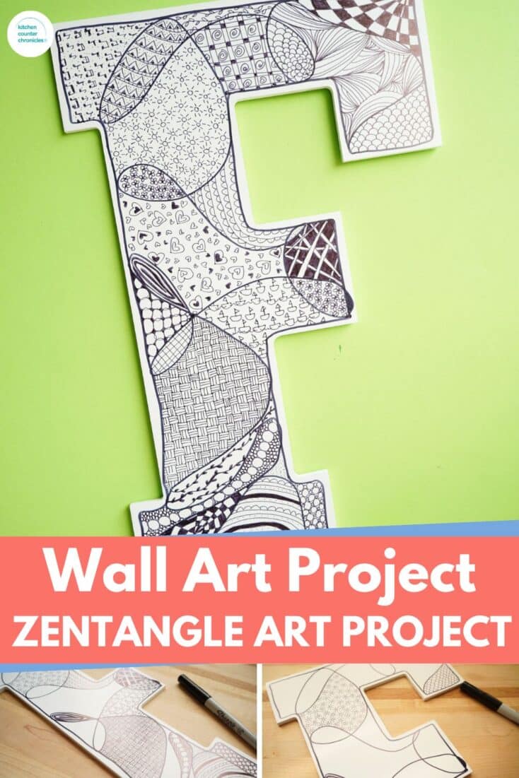 zentangle wall art project - tween art idea - image of wooden initial with zentangle patterns drawn on it and title "Wall art project - zentangle art project"