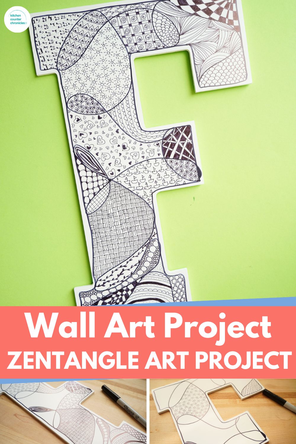 zentangle wall art project - tween art idea - image of wooden initial with zentangle patterns drawn on it and title "Wall art project - zentangle art project"
