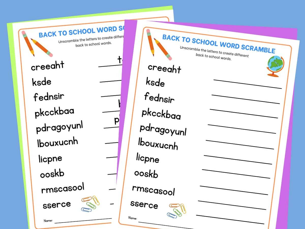 2 printable pages of back to school word jumble and word scramble answer key on blue background