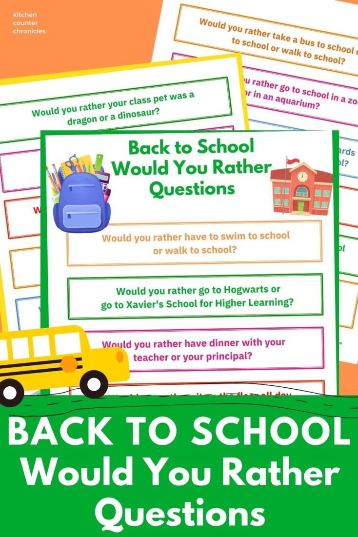 title "30 Back to School Would You Rather Questions" with a school bus
