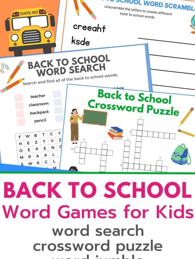 back to school printable word games for kids title and word search, crossword puzzle and word jumble pin image