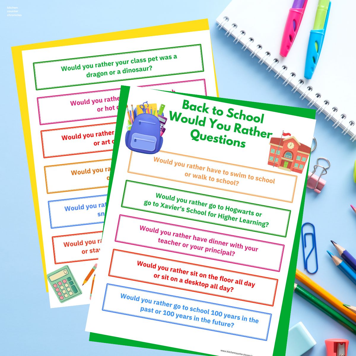 back to school would you rather questions printed out on desk top surrounded by pencil crayons, notebook, clips and pencil sharpener featured image