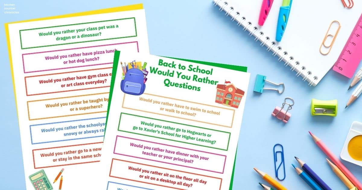 back to school would you rather questions printed out on desk top surrounded by pencil crayons, notebook, clips and pencil sharpener