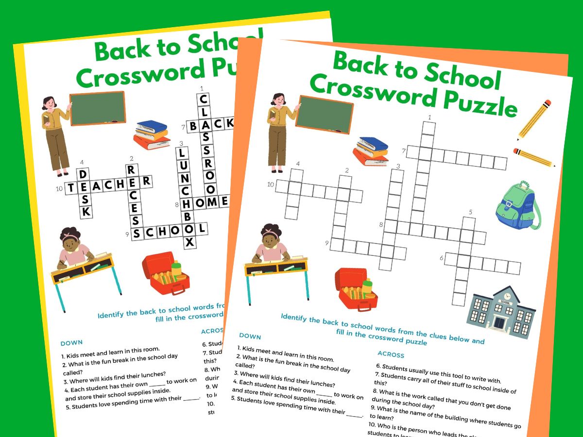 print out of back to school crossword puzzle and crossword puzzle answer key on green background