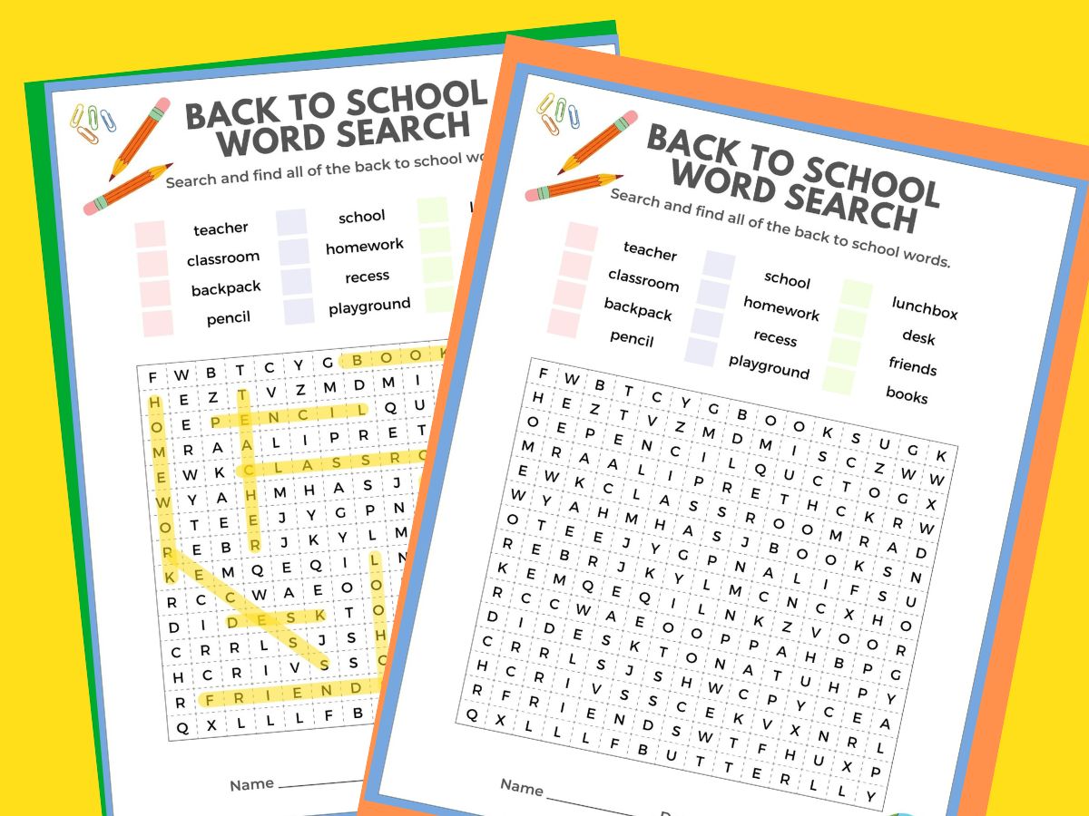 print out of back to school word search and word search answer sheet on yellow background