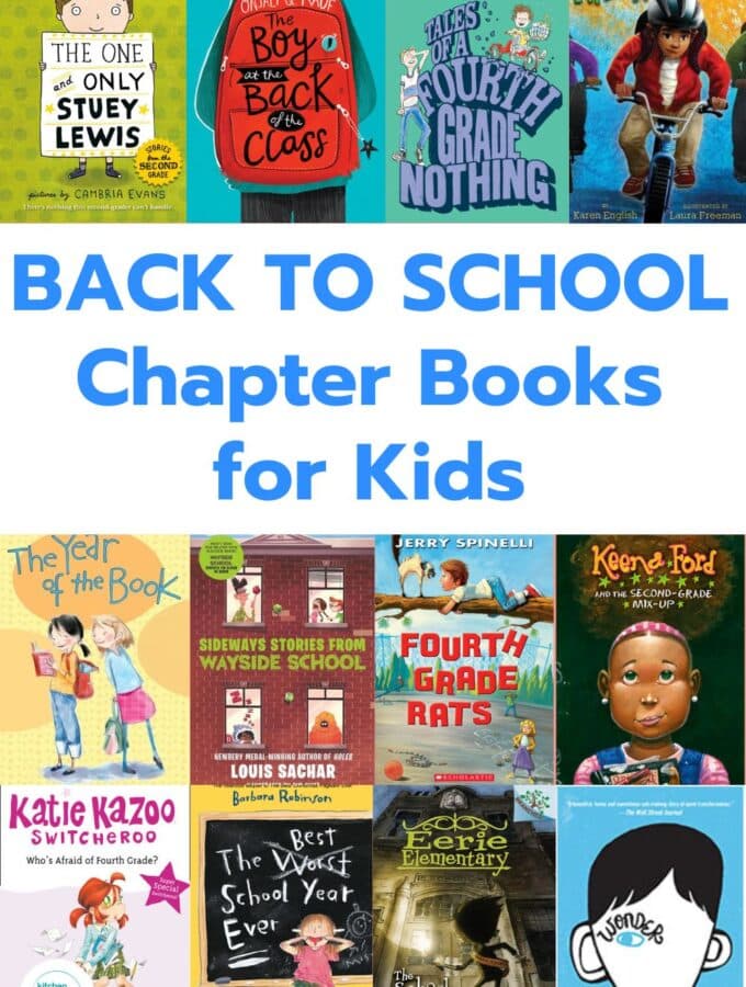 title "back to school chapter books for kids" pin image - collage of 12 book covers