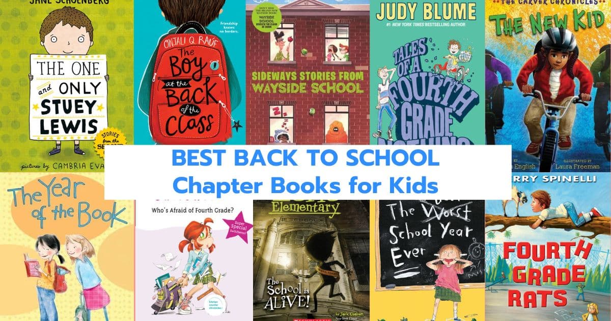 title "BEST back to school chapter books for kids" social image - collage of book covers