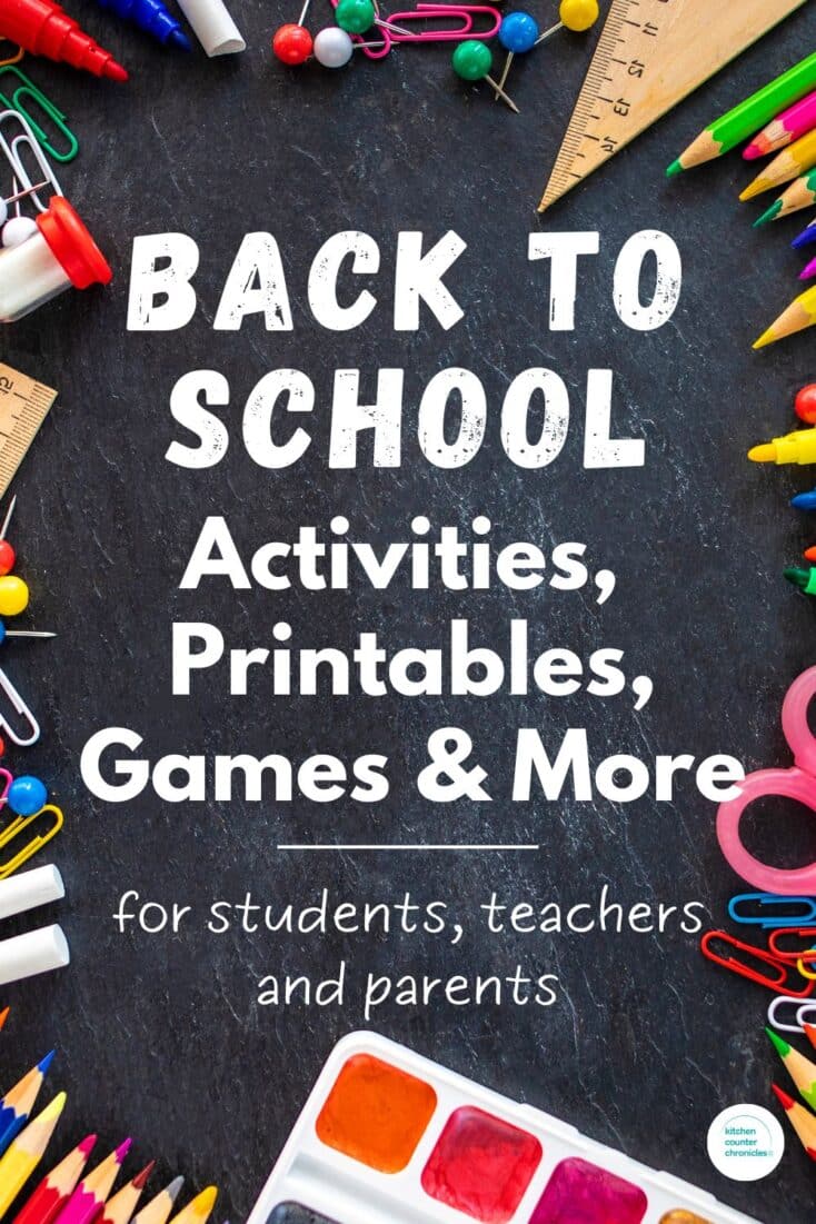 Fun title "BACK TO SCHOOL Activities, printables, games and more for students, Teachers and Parents" written on chalkboard with school supplies