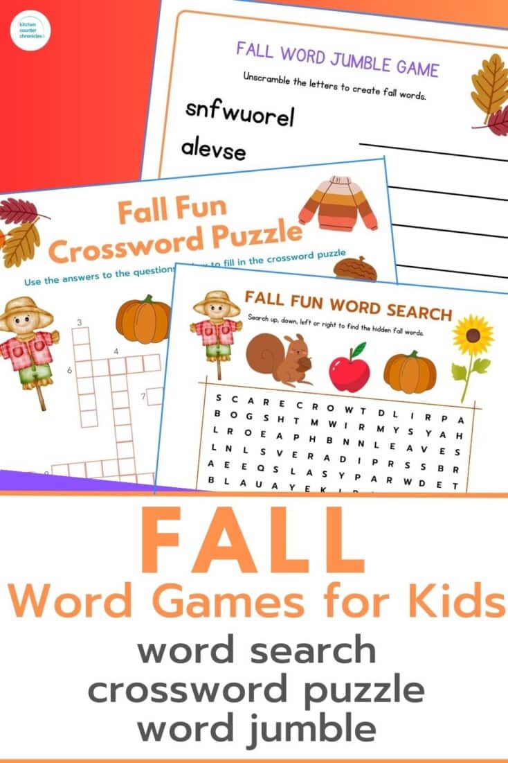 title "free printable fall word games for kids" and image of 3 fall word games