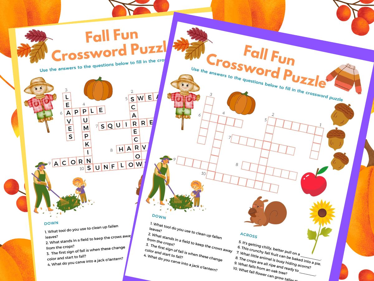 print out of fall crossword puzzle and fall crossword puzzle answer sheet on pumpkin background