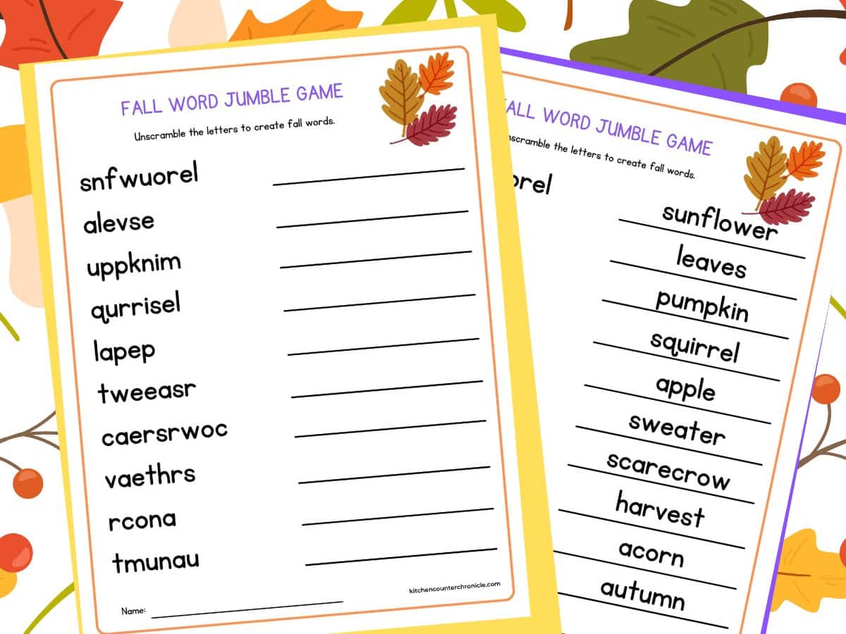 print out of fall word jumble game and fall word scramble answer sheet on leafy background