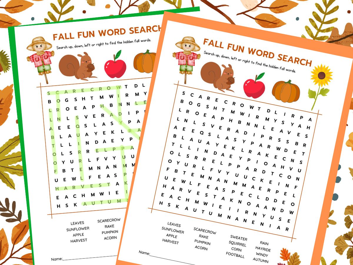 print out of fall word search and word search answer sheet on leafy background