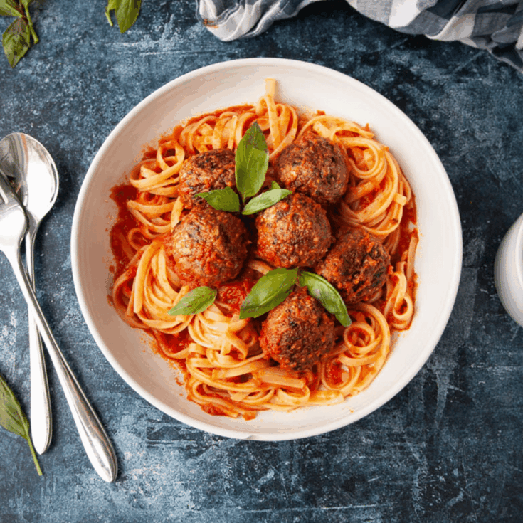 vegan spaghetti beanballs in a bowl