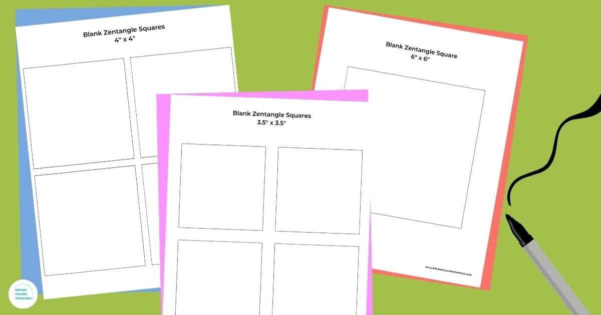 3 different sizes of printable blank zentangle squares on green background with blank marker
