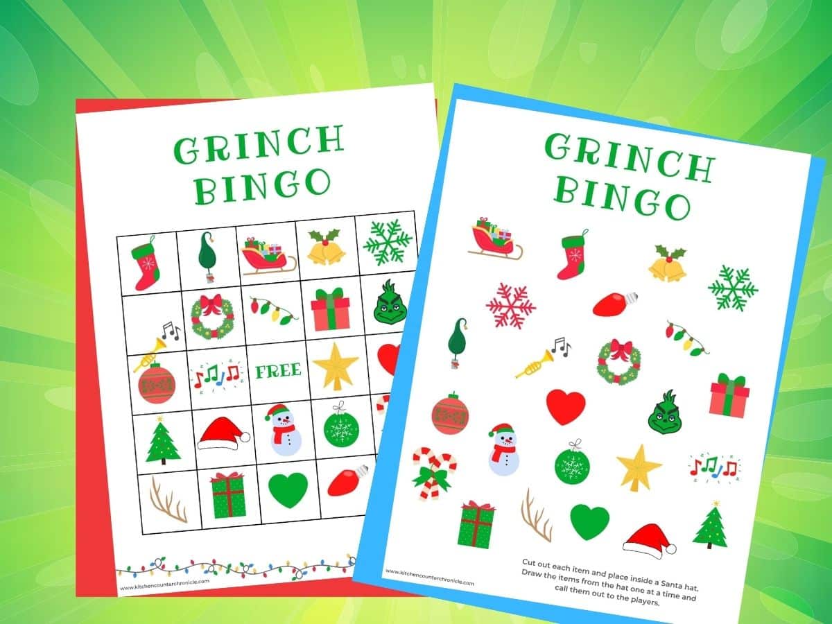 grinch bingo game instructions card and bingo card on green background