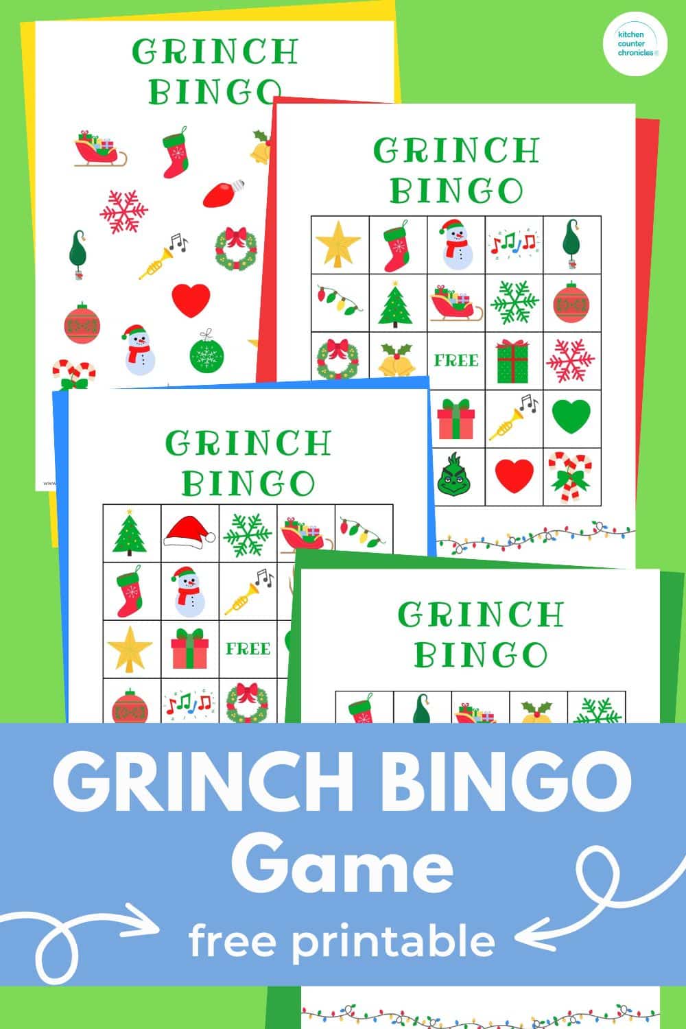 title "Printable Grinch Bingo Game - Free Printable" with 4 Grinch bingo cards printed and a green background