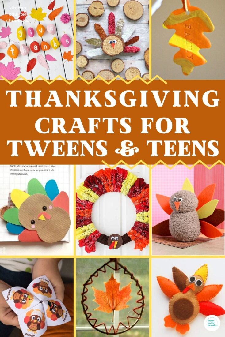 collage of turkey crafts, leaf crafts and rock crafts with title "thanksgiving crafts for tweens and teens"