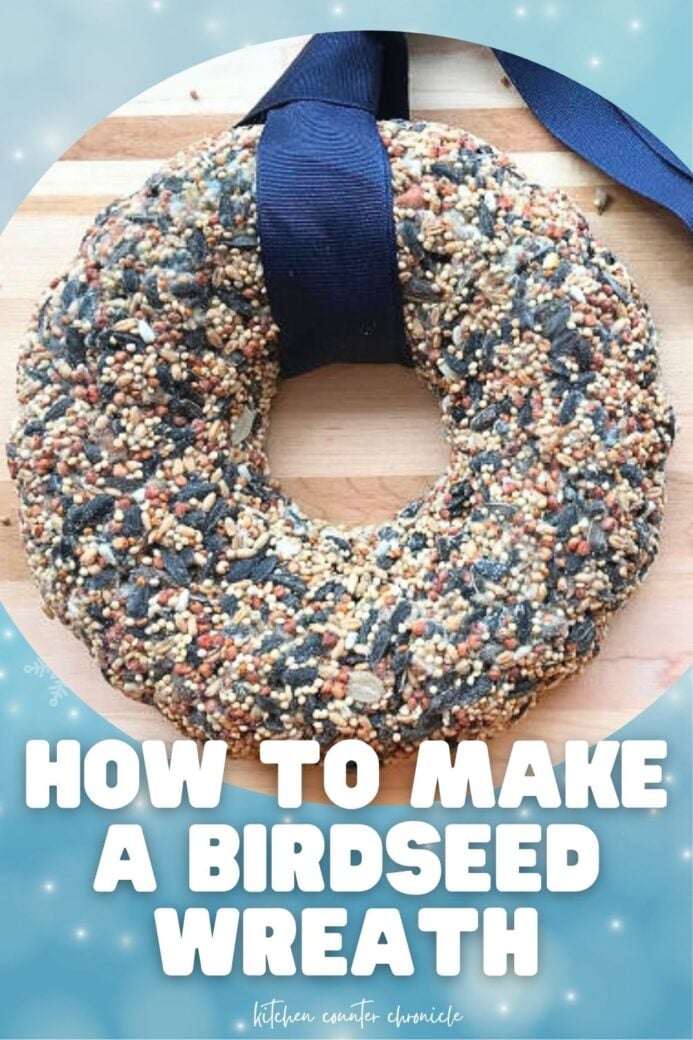 close up of birdseed wreath with title how to make a birdseed wreath new pin