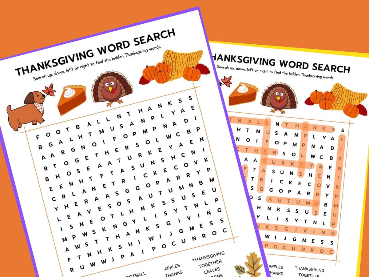 print out of thanksgiving word search game and thanksgiving word search answer sheet