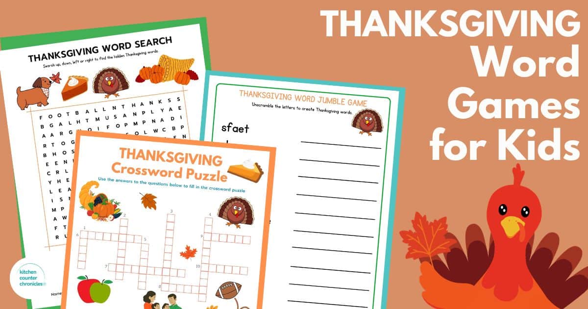 printable thanksgiving word games for kids title with copy of printable word search, crossword puzzle and word jumble