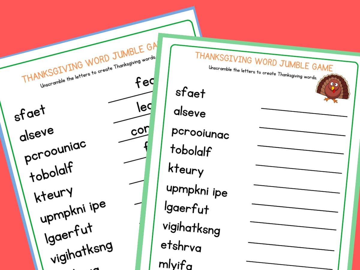 printable thanksgiving word jumble game and thanksgiving word jumble answer sheet