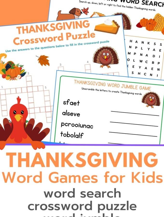 thanksgiving word games for kids title and word search, crossword puzzle and word jumble pin image