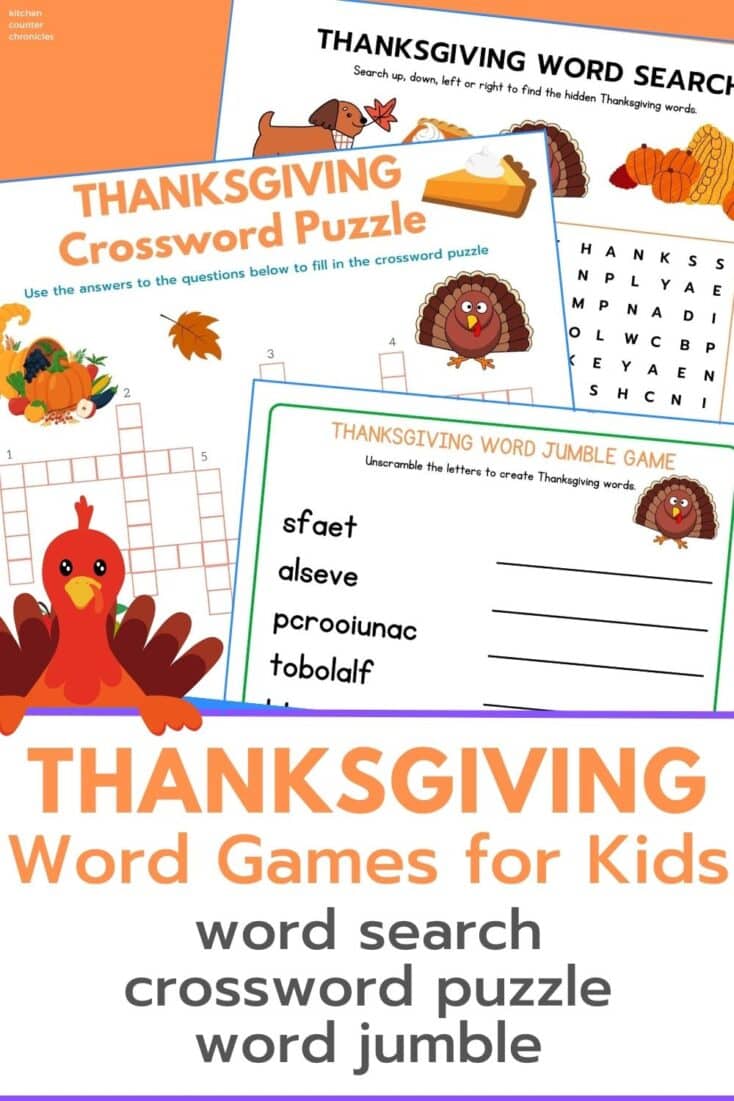 thanksgiving word games for kids title and word search, crossword puzzle and word jumble pin image