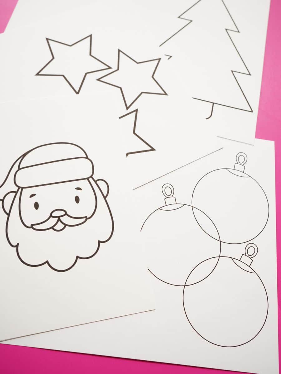 4 blank printable christmas zentangle cards on pink background - santa card, christmas tree card, christmas ornament card and christmas stars card