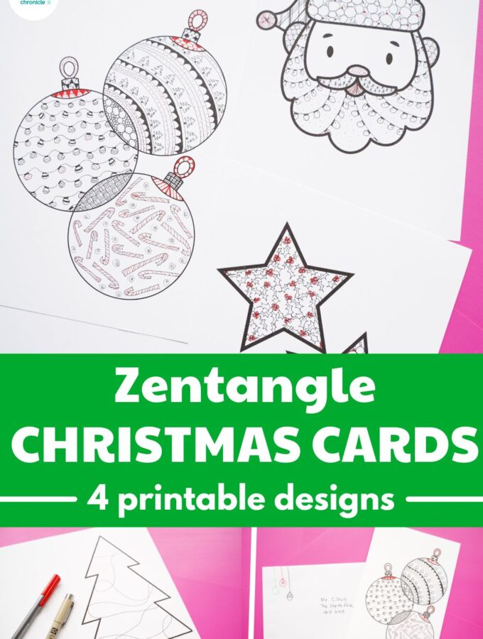 4 printable zentangle Christmas cards with christmas zentangle patterns