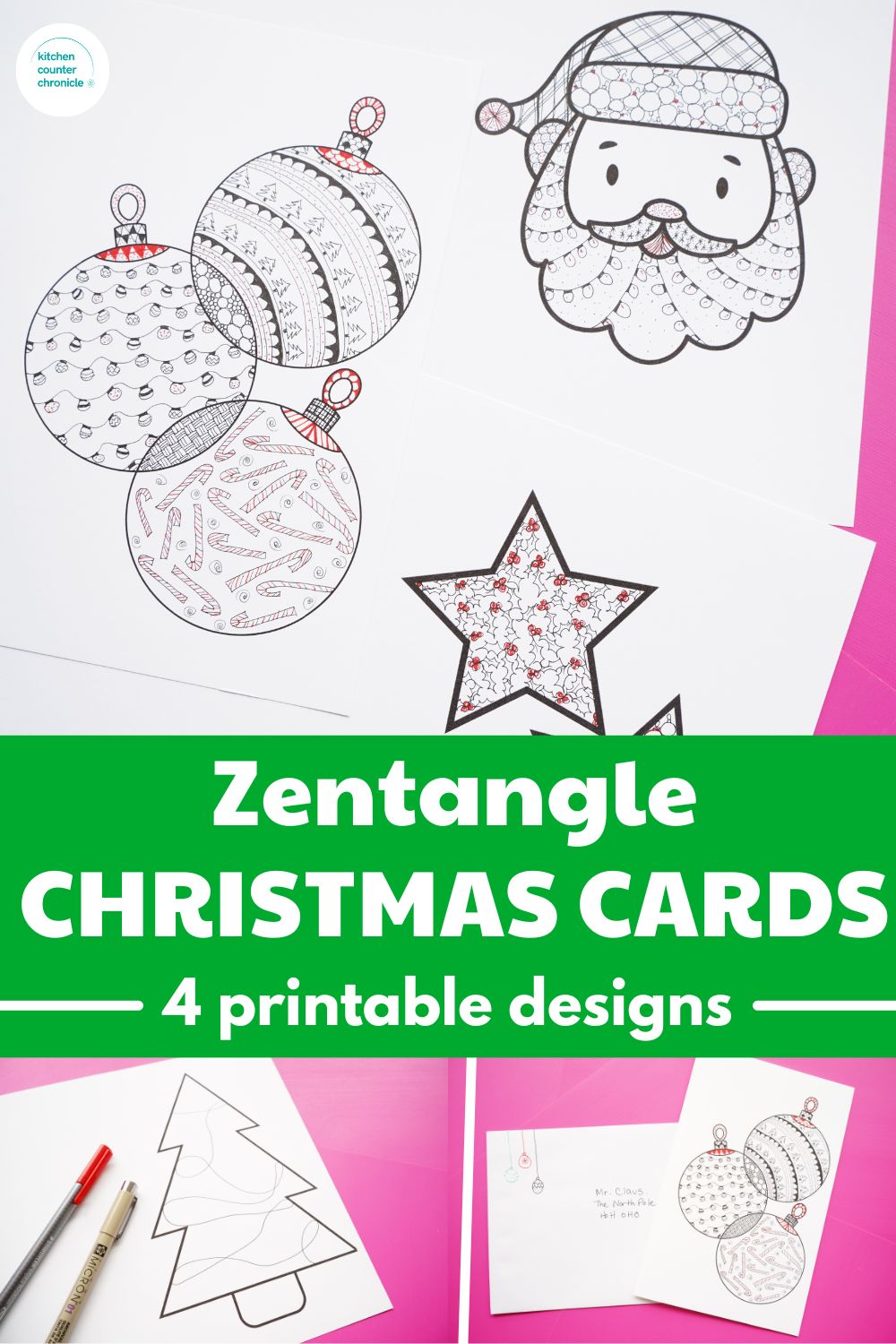 4 printable zentangle Christmas cards with christmas zentangle patterns