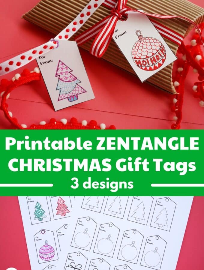 title "printable zentangle Christmas gift tags" with image of sheet of printable gift tags and tags on wrapped gifts with red ribbon