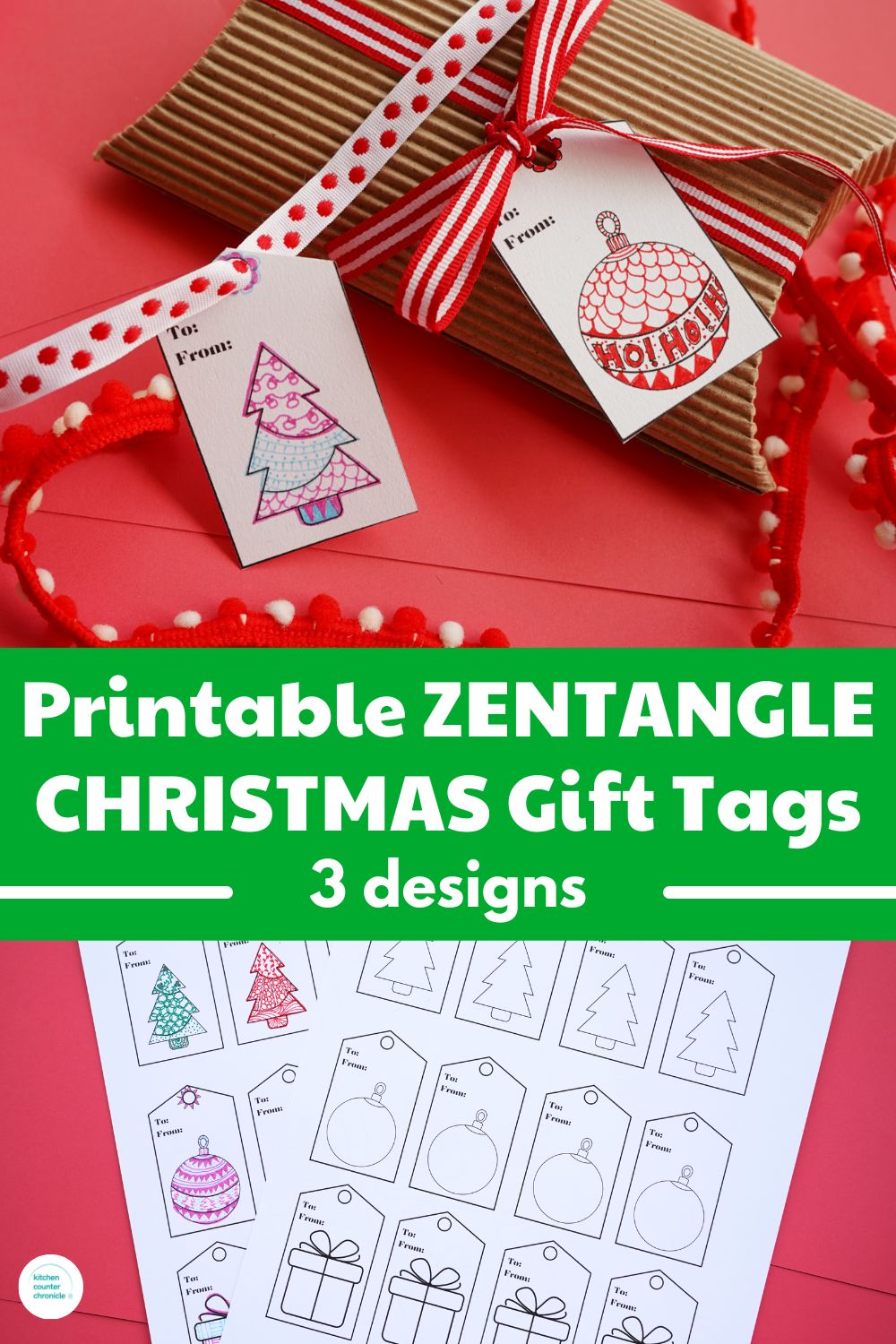 title "printable zentangle Christmas gift tags" with image of sheet of printable gift tags and tags on wrapped gifts with red ribbon