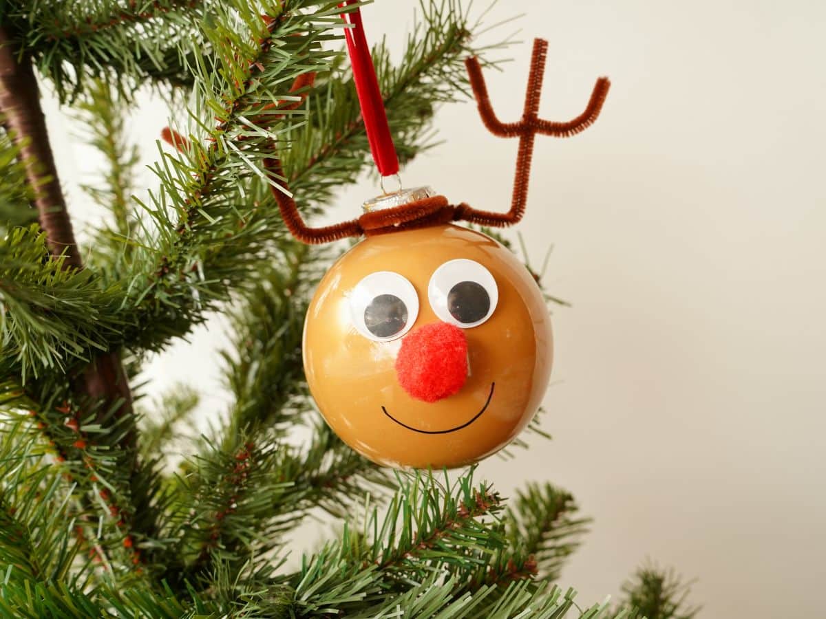 cute reindeer ornament craft hanging in tree 
