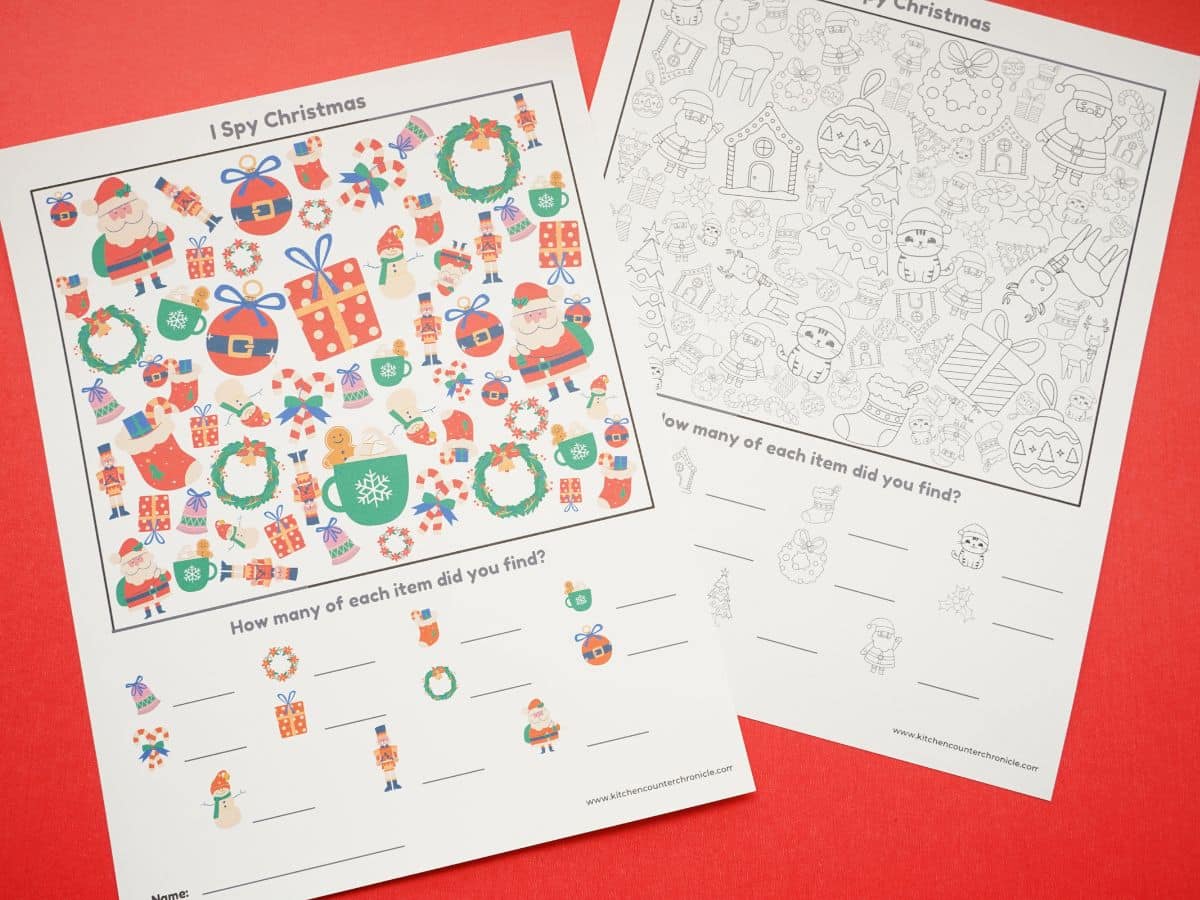 2 sheets of printable Christmas ispy games - one to color and 1 is in color