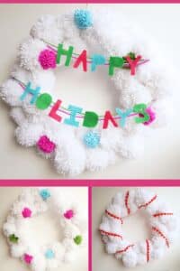 3 different white pompom wreaths - with colorful ribbon, with colorful tiny pompoms and with a "happy holidays" felt garland