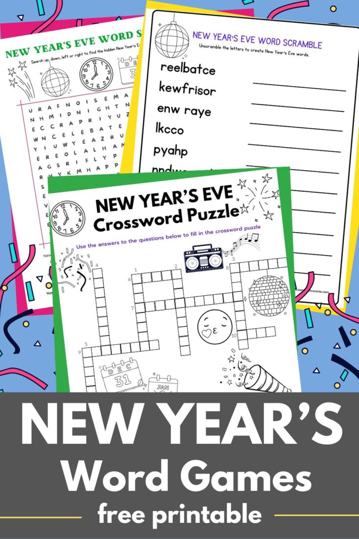 3 free printable new years word games new years word scramble, new years word search and new years crossword puzzle pin