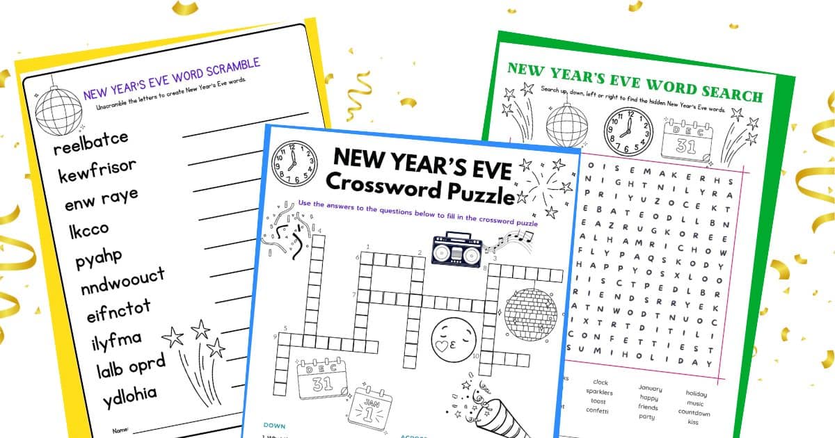 3 printable new year's word games new years word scramble, new years crossword puzzle and new years word search social