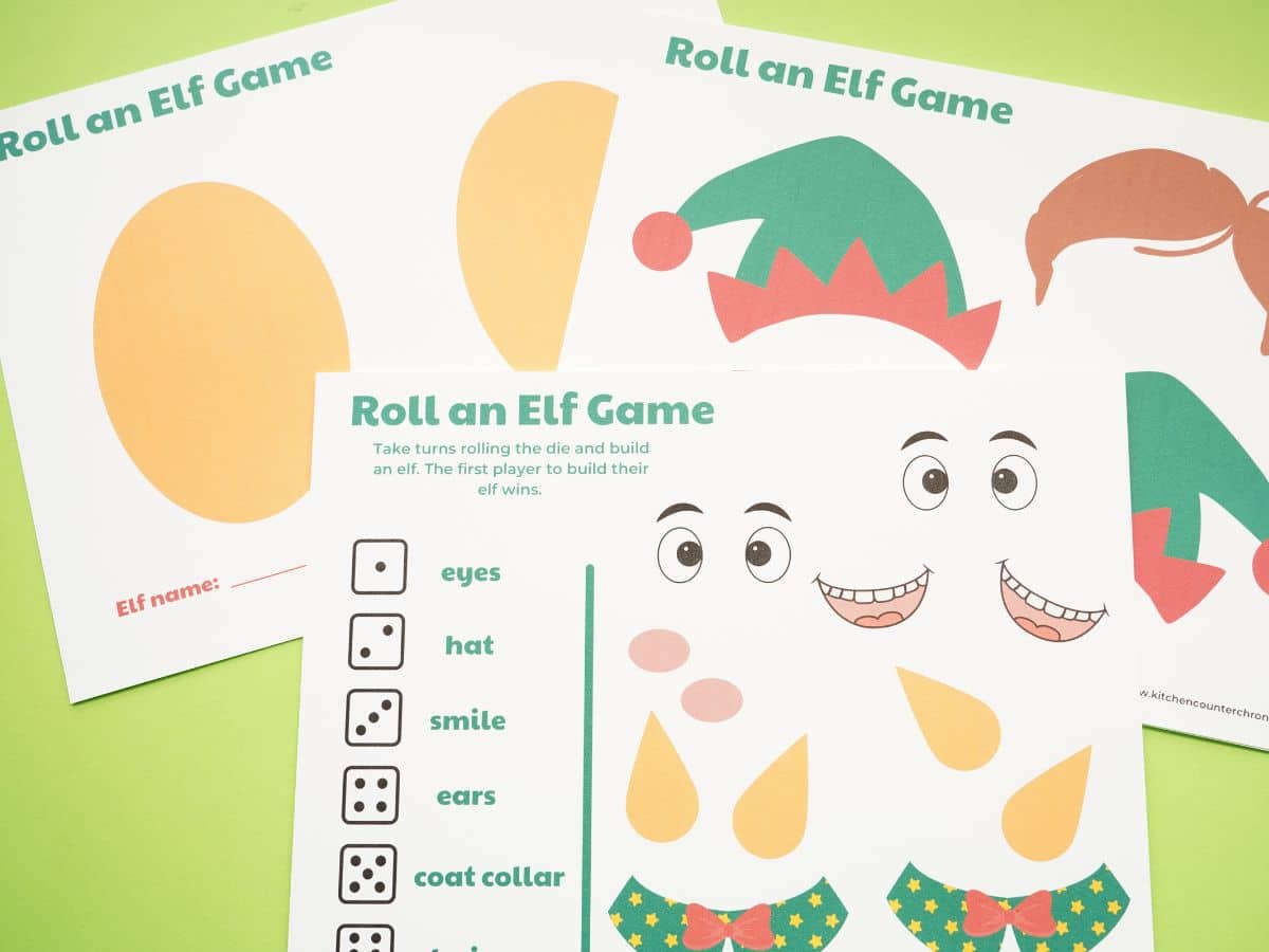3 sheets of printable roll an elf game pieces and game instructions