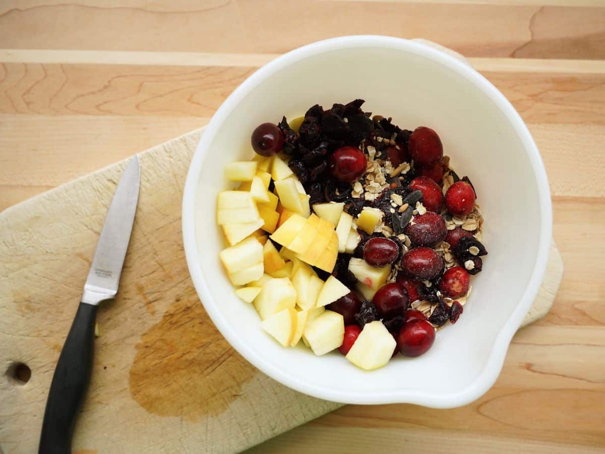 bowl of wildlife safe reindeer food with knife