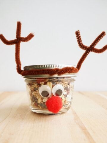 close up of reindeer mason jar filled with reindeer food for the birds