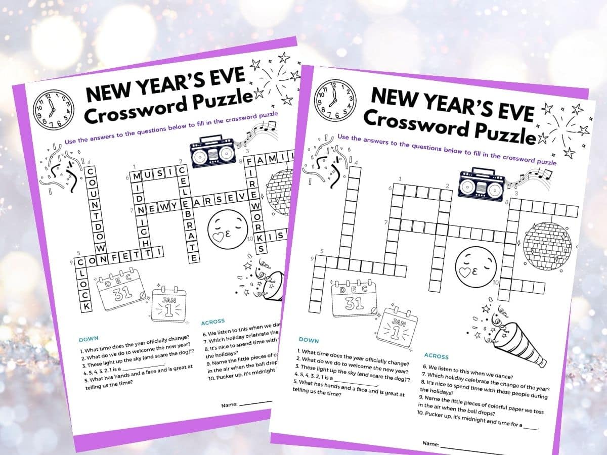 printable new years eve crossword puzzle on silver sparkly background