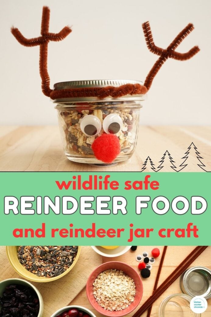 title wildlife safe reindeer food recipe and reindeer jar craft with image of small mason jar reindeer